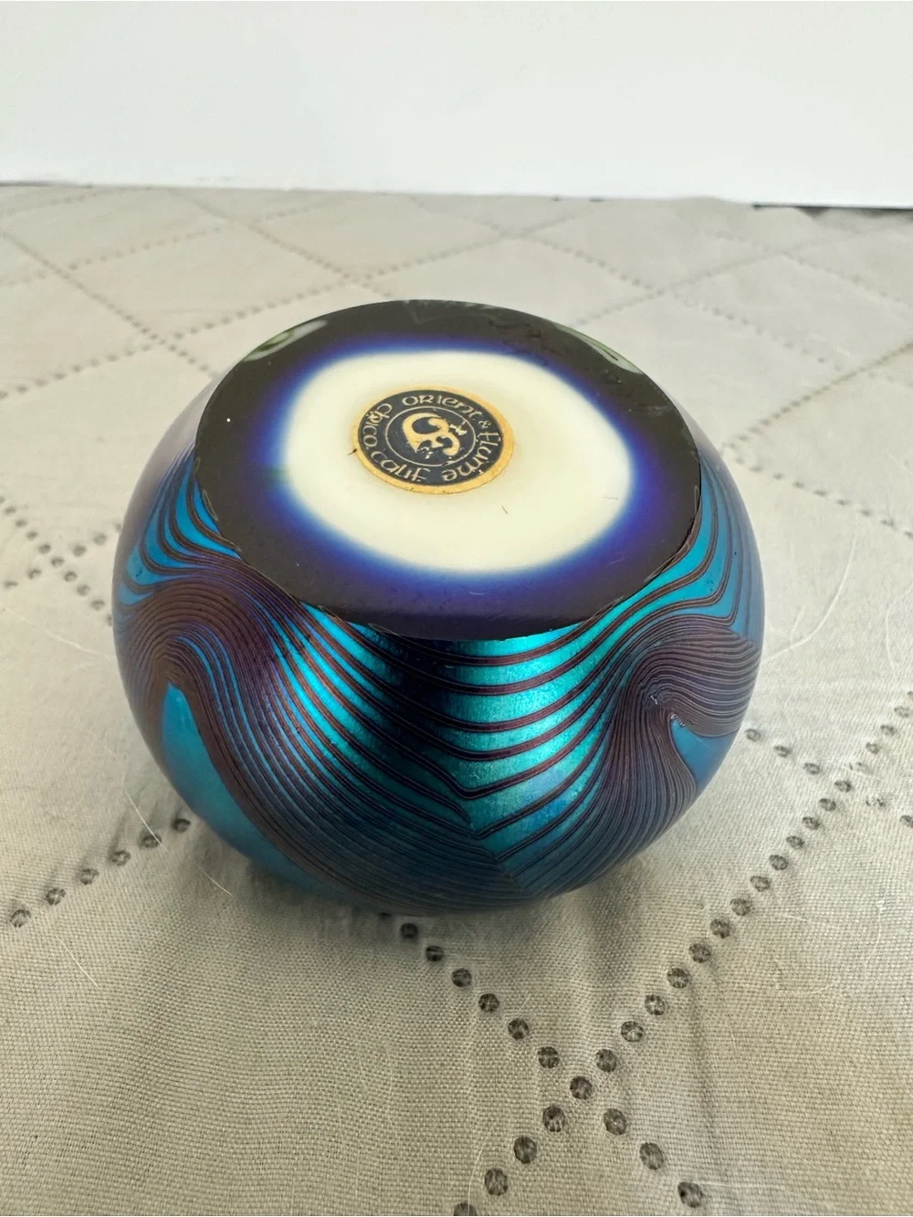 Vintage Orient & Flume Glass Blue & White Flower Iridescent Paperweight-1977
